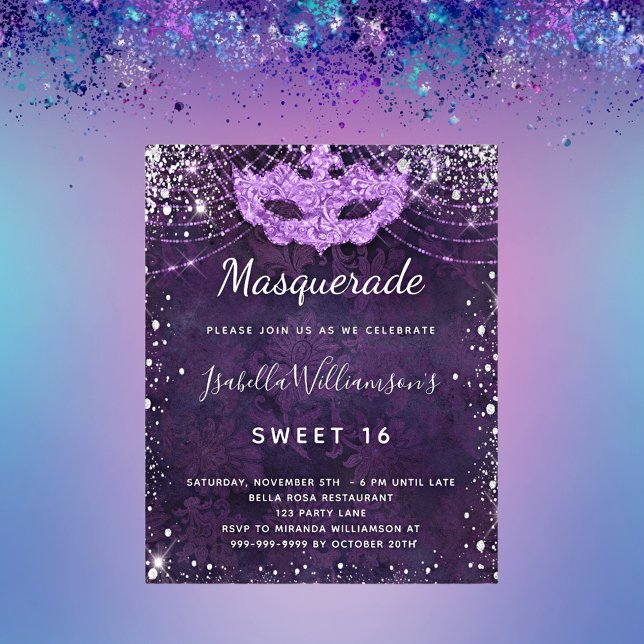 Budgetmaskerad lila silver glitter Sweet 16 (Skapare uppladdad)