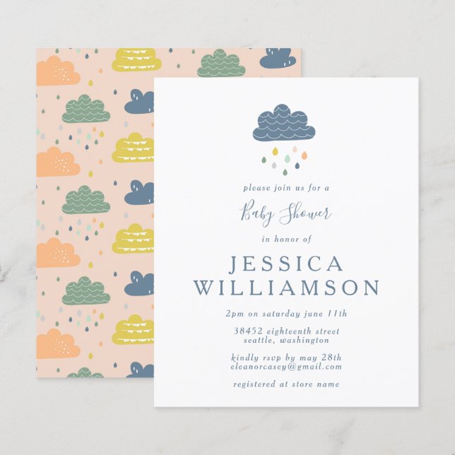 Budgetmoln och regndroppar i Blue Baby Shower (Fram/baksida)