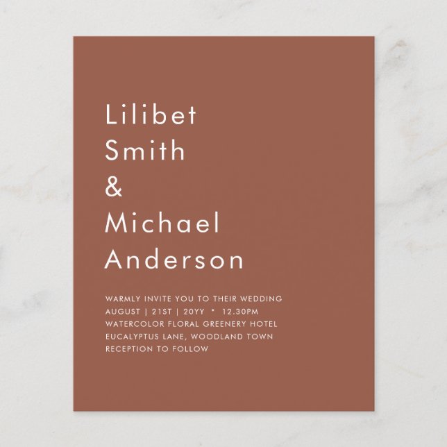 BUDGETMörken Terracotta Monochrome Bröllop Flygblad (Framsidan)