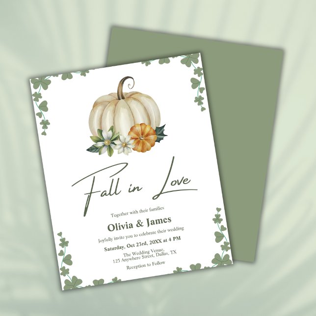 Budgetnedgång i inbjudan till Grönt för Kärlek Sag (Budget Fall in Love Greenery Sage Green Pumpkin Wedding Invitation  )