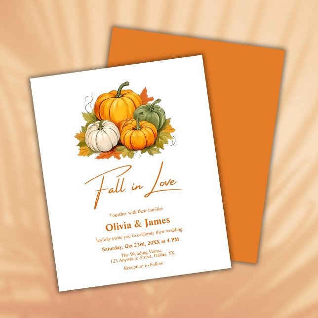 Budgetnedgång i Kärlek höstbröllopsinbjudan (Fall in Love Autumn Rustic Pumpkin Burnt Orange Wedding Invitation  )