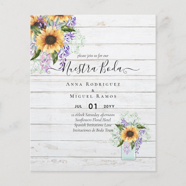 Budgetnuestra Boda Sunblommor Lila blommor Invi Flygblad (Framsidan)