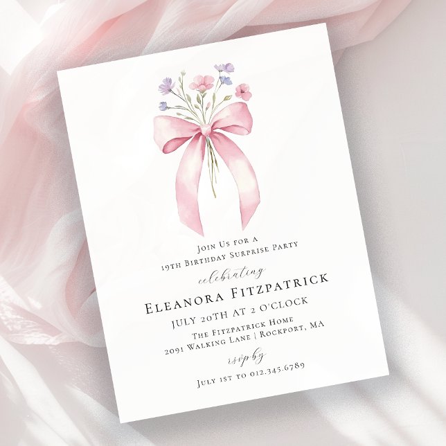 BUDGETÖVERPRISE 19:e födelsedag Rosa Bow Inbjudan (Skapare uppladdad)