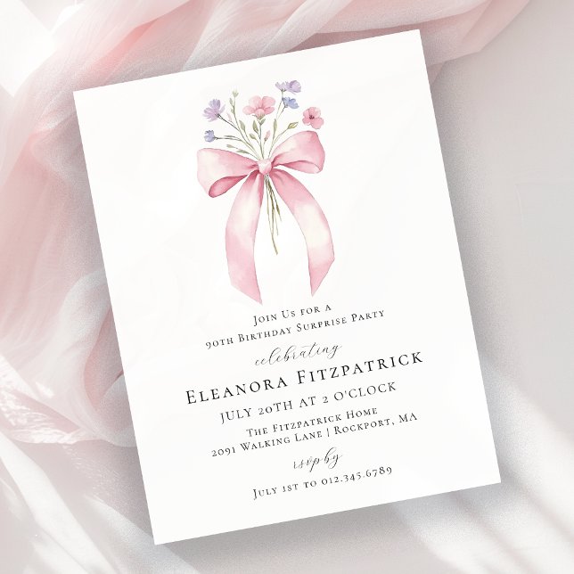 BUDGETÖVERPRISE 90:e födelsedag Rosa Bow Inbjudan (Skapare uppladdad)