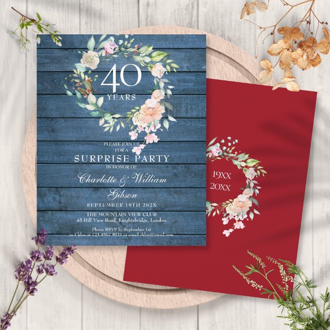 Budgetöverraskning 40-årsjubileum Rustic-inbjudan (Budget Surprise 40th Anniversary Rustic Invitation)