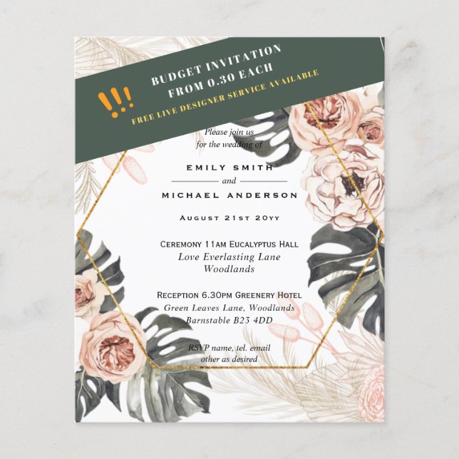 BUDGETPAMPAS GRAS Peach Tan Wedding INVITATIONS Flygblad (Framsidan)