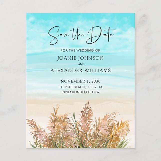 Budgetpampas Grass Beach bröllop Spara datum (Framsida)