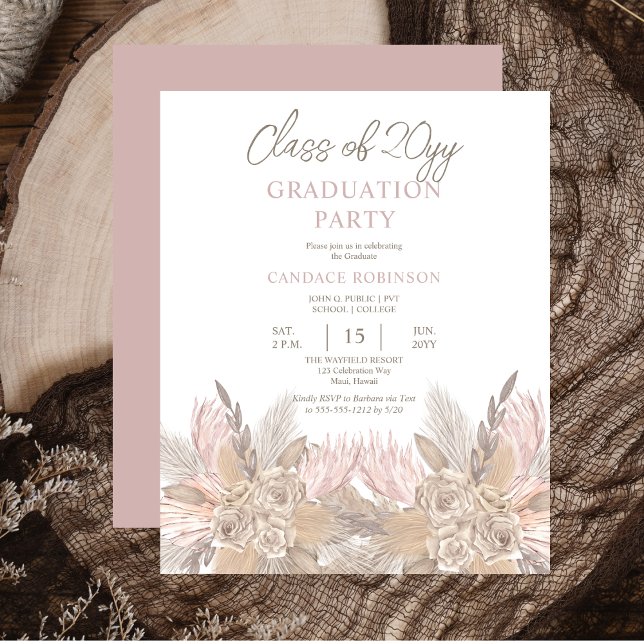 BUDGETPampas | Ro Neutralt Grad Party Invit (BUDGET Pampas Grass and Roses Mocha and Neutral-Toned Graduation Party Invitation)
