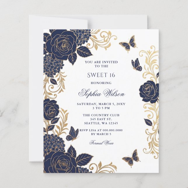 Budgetpapper Navy Guld Blommig Fjäril Sweet 16 (Framsida)