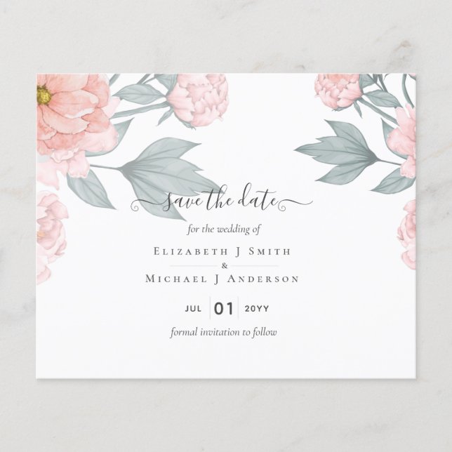 BUDGETPEONIER Rosa Sage Peach Bröllop Flygblad (Framsidan)