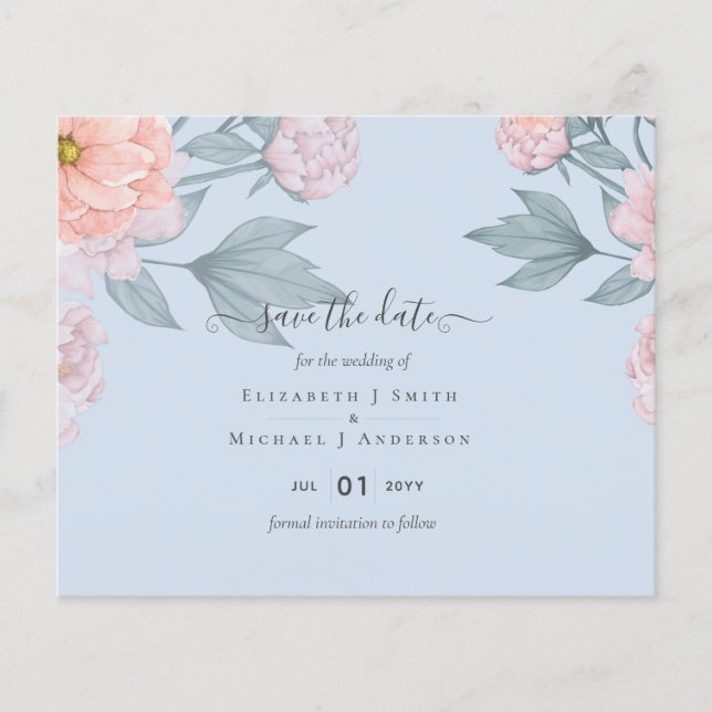 BUDGETPEONIER Rosa Sage Peach Bröllop Flygblad (Framsidan)