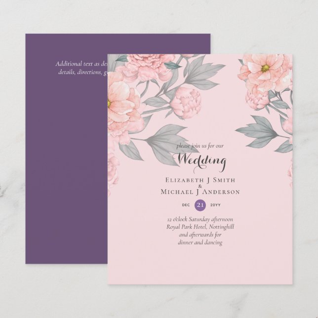 BUDGETPEONIER Rosa Sage Peach Wedding bjudande (Fram/baksida)