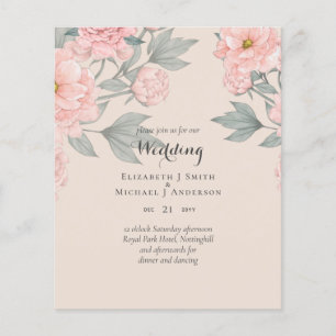 BUDGETPEONIER Rosa Sage Peach Wedding bjudande Flygblad