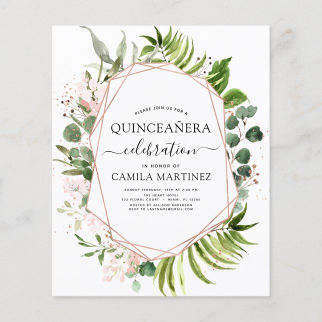 BudgetQuinceanera Eucalyptus Ro Guld Geometric Flygblad (Framsidan)