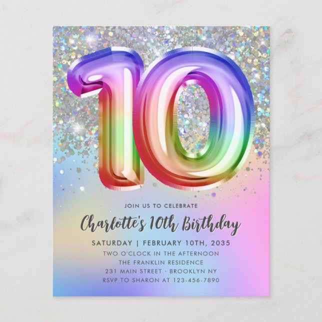 Budgetregnbåge Glitter Folieballong 10-årsdag (Framsida)