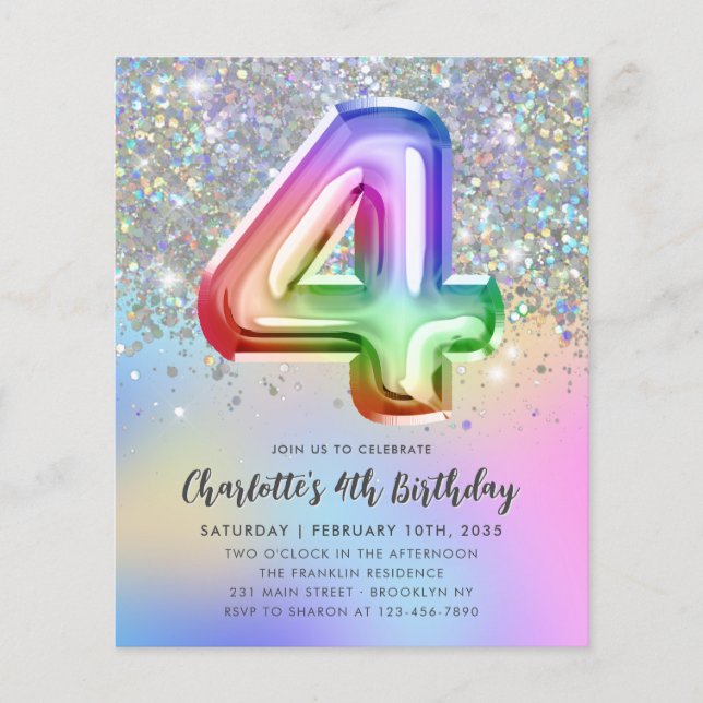 Budgetregnbåge Glitter Folieballong 4-årsdag (Framsida)