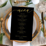 Budgetromantisk guld-typografi, svart bröllop-meny<br><div class="desc">Enkelt faux guld och svart trendig minimalistiskt calligraphy script anpassningsbar text template BUDGET-menykort för bröllop till ett rimligt pris.</div>