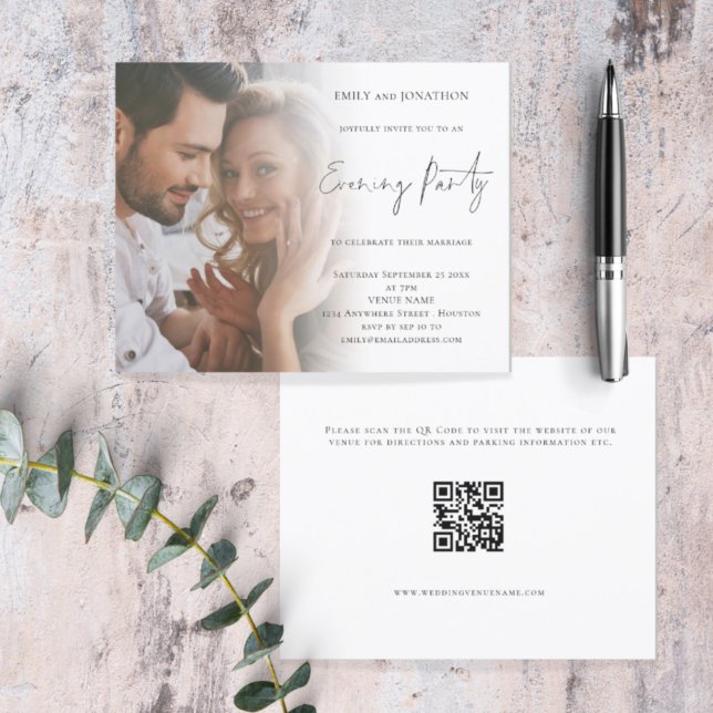 Budgetskript Foto QR-kod Bröllop Evening Inbjudan (Front and back view. Smaller budget price alternative. Part of a larger matching wedding suite)