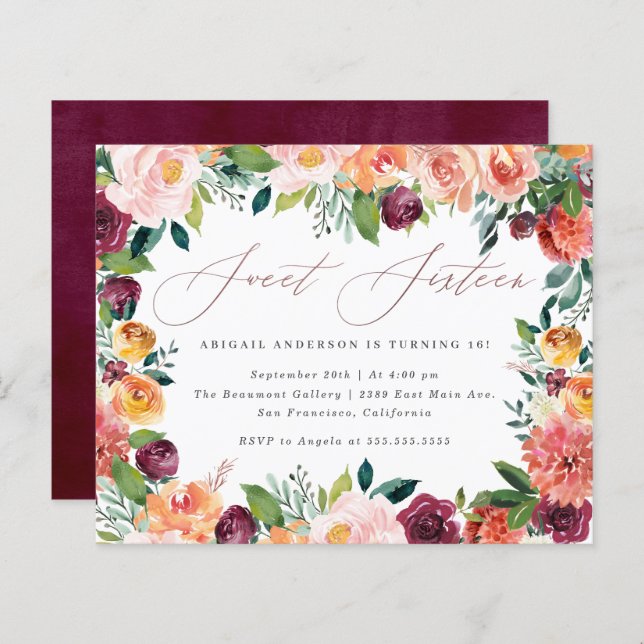 Budgetskript Ro Guld Sweet 16 Födelsedagsfester (Fram/baksida)