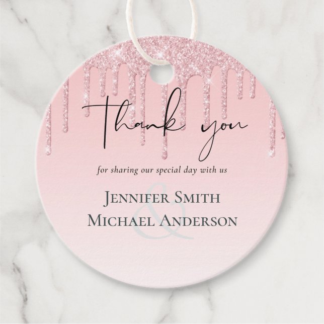 Budgetsminkad bröllop med glitterrosa glans gåvor etiketter (Framsida)