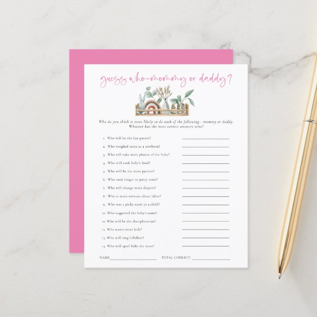 Budgetspel Gissa vem Mamma Pappa Rosa Baby Shower (Fram/Back In Situ)