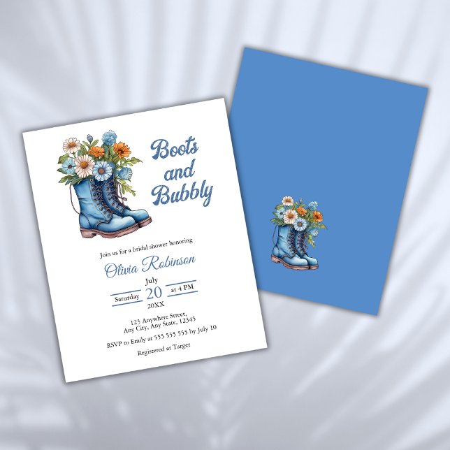 Budgetstarter och Westerna Möhippan Inbjudan (Budget Boots & Bubbly Western Cowgirl Blue Bridal Shower Invitation )
