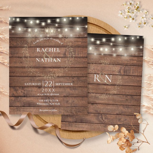 Budgetsträngljus lantlig bröllopsinbjudan (Budget Rustic String Lights Wedding Invitation)