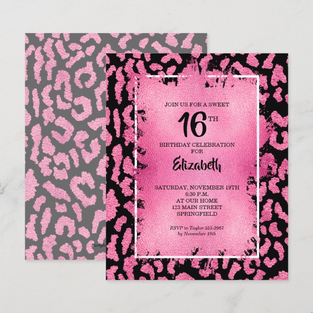 BudgetSverige 16 Rosa Leopard Birthday-Inbjudnings (Fram/baksida)