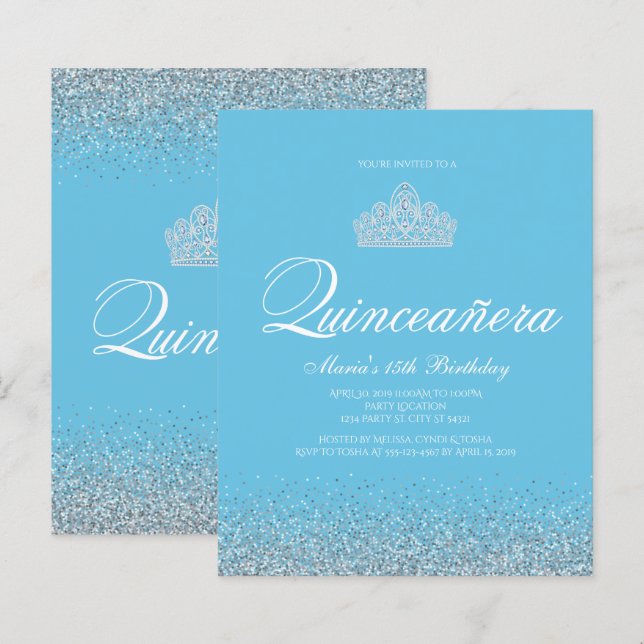 Budgetsvett 15, ljusblå Quinceanera-inbjudan (Fram/baksida)