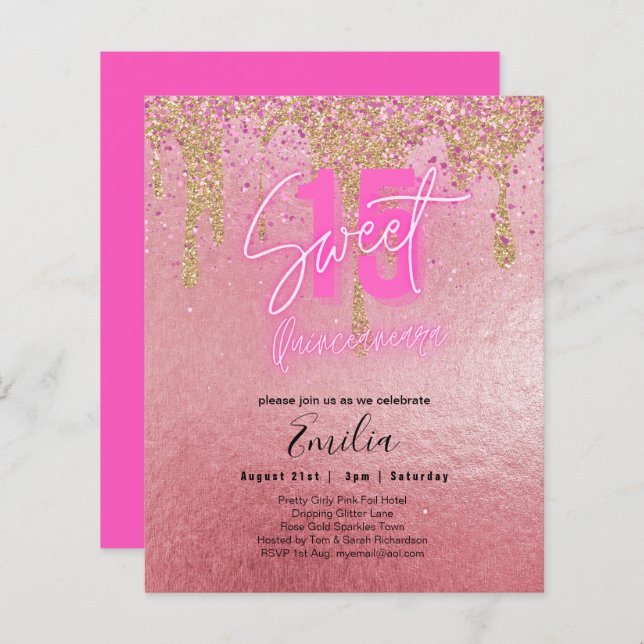 Budgetsvett 15 Rosa Glitter Foil Quinceanera Glam (Fram/baksida)