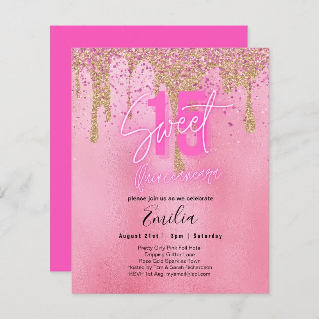 Budgetsvett 15 Rosa Glitter Foil Quinceanera Glam (Fram/baksida)