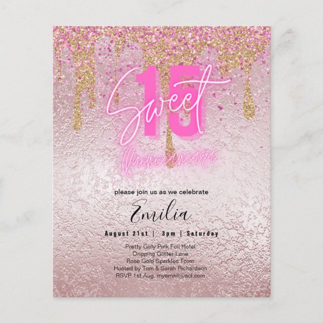 Budgetsvett 15 Rosa Glitter Foil Quinceanera Glam Flygblad (Framsidan)