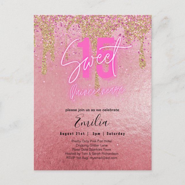 Budgetsvett 15 Rosa Glitter Foil Quinceanera Vykort (Framsida)