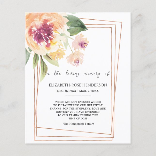 BUDGETSYMPATHY BLOMMIGT MEMORIAL TACK DU CARD. FL FLYGBLAD (Framsidan)