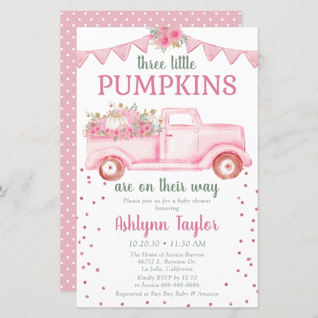 Budgettripplingar Rosa Little Pumpkin Baby Shower (Fram/baksida)