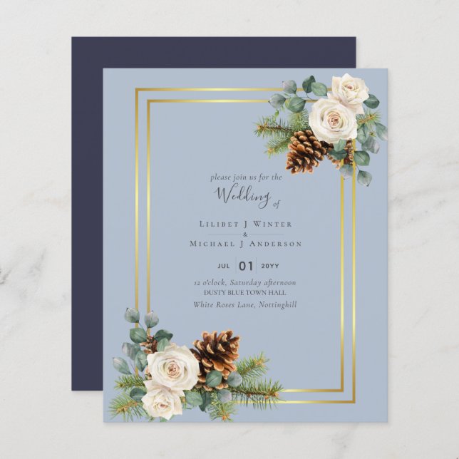 BUDGETVinterbröllop Vit ros Guld Dusty Blue (Fram/baksida)