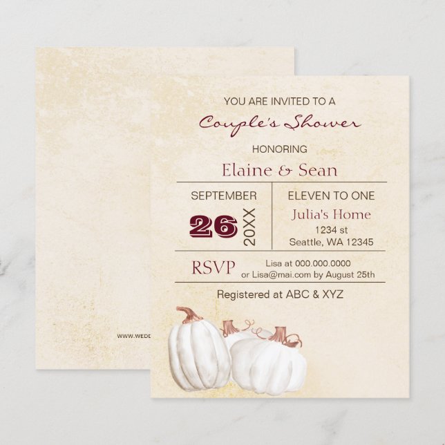 Budgetvit pumpa Höst Bröllopsdagsfest Inbjudan (Fram/baksida)