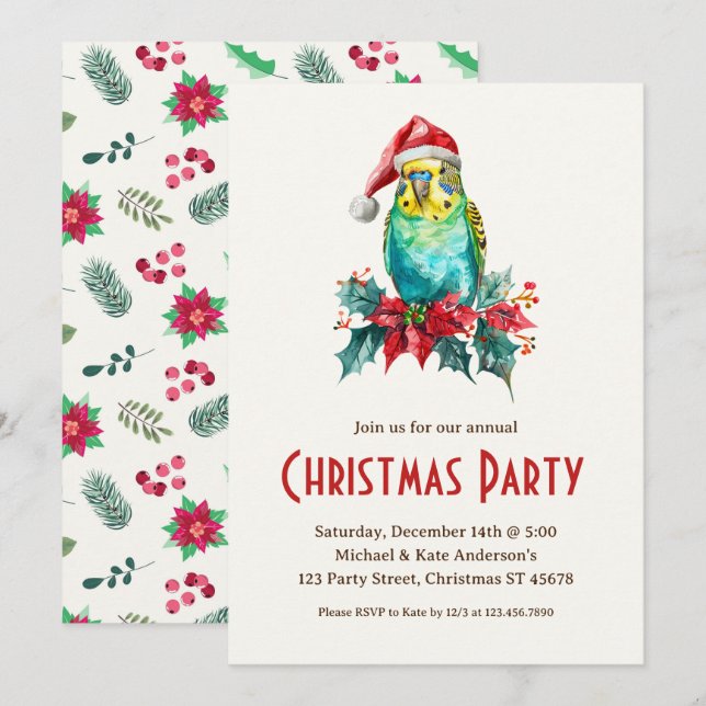 Budgie Bird Parakeet Santa Hat jul Party Inbjudningar (Fram/baksida)