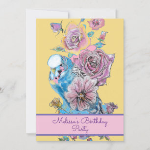 Budgie Blue Bird Birthday Barn Girls Rosa Blommigt Inbjudningar