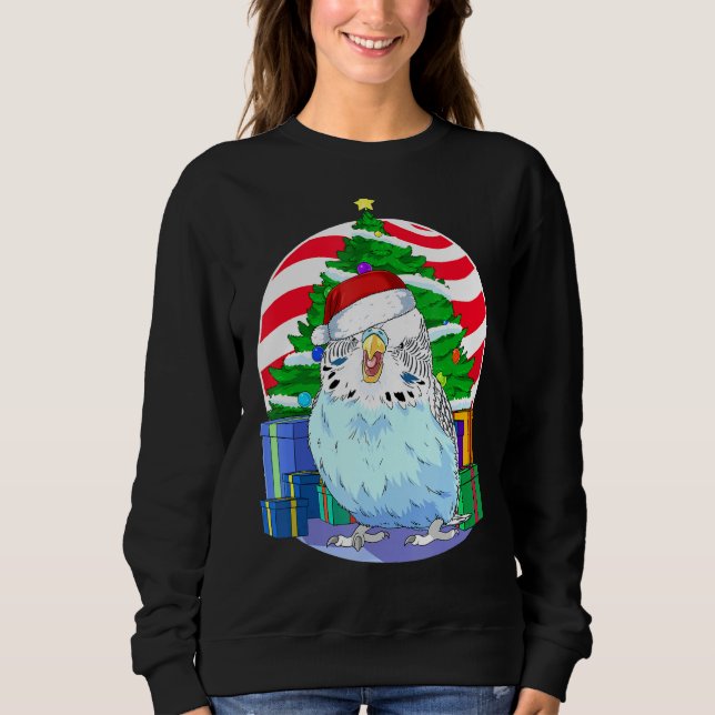 Budgie Blue Parakeet Santa Julgran Decor T Shirt (Framsida)