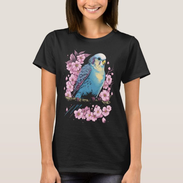 Budgie Budgerigar Bird Japanese Cherry Sakura Flow T Shirt (Framsida)