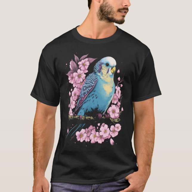 Budgie Budgerigar Bird Japanese Cherry Sakura Flow T Shirt (Framsida)