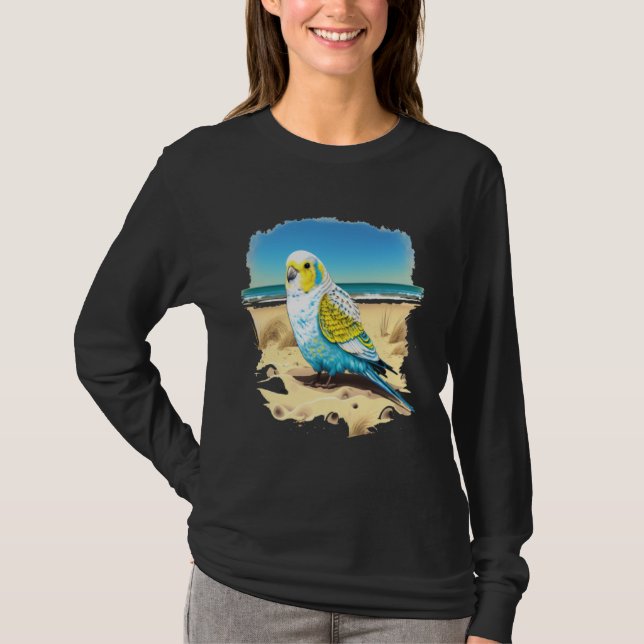 Budgie Budgerigar Parakeet Bird Ocean Beach Summer T Shirt (Framsida)