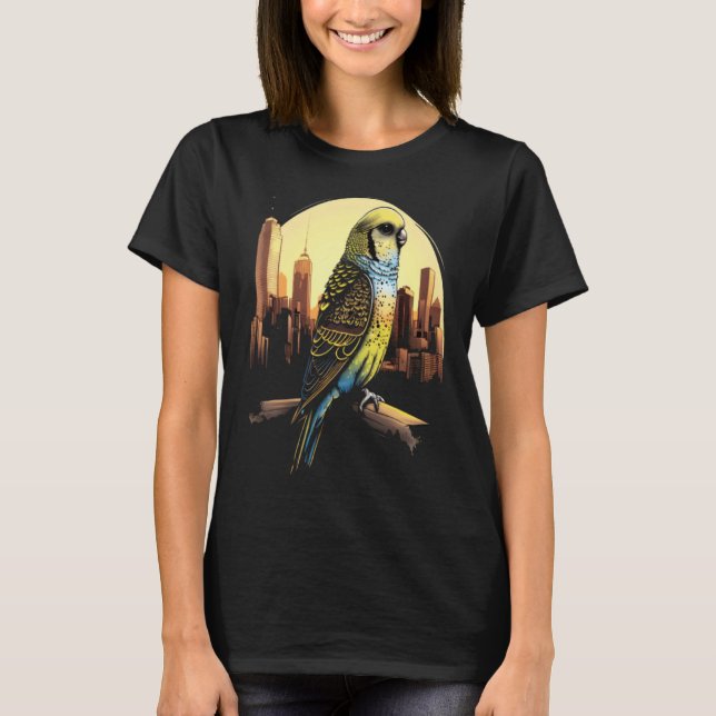 Budgie Budgerigar Parakeet City Skyline Parrot Bir T Shirt (Framsida)