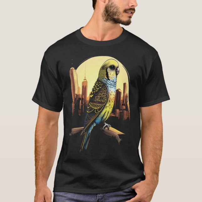 Budgie Budgerigar Parakeet City Skyline Parrot Bir T Shirt (Framsida)