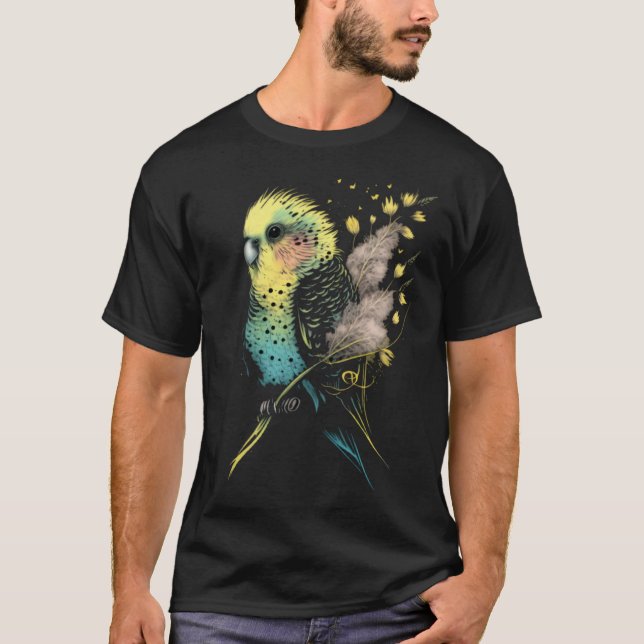 Budgie Dandelion Flower Budgerigar Parakeet Bird   T Shirt (Framsida)