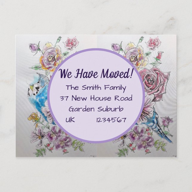 Budgie Flowers Nya adress vykort, vi är Flytta Vykort (Framsida)