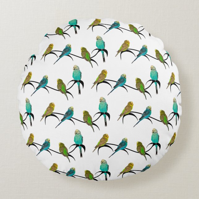 Budgie Frenzy Kudd (välj färg) Rund Kudde (Framsidan)
