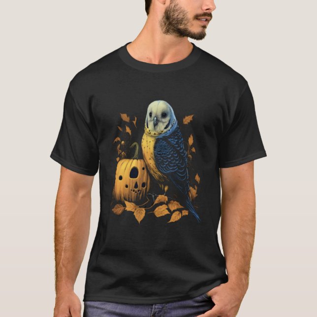Budgie Halloween Pumpkin Budgerigar Parakeet Bird  T Shirt (Framsida)