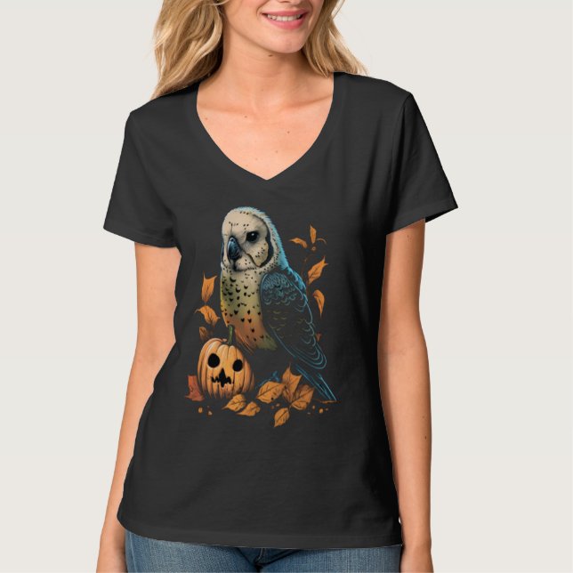 Budgie Halloween Pumpkin Budgerigar Parakeet Bird T Shirt (Framsida)